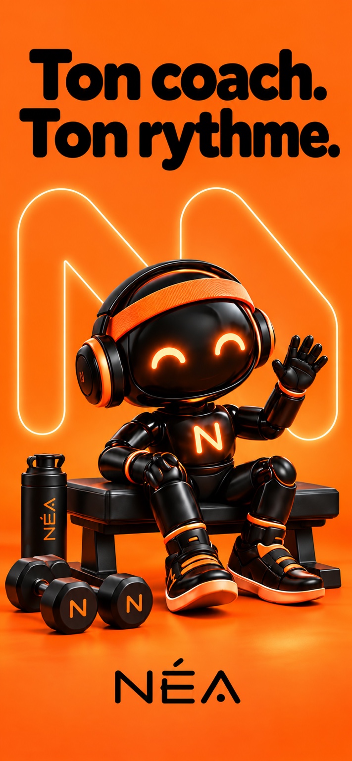 Axel, le petit coach robot NÉA noir et orange, assis sur un banc de sport